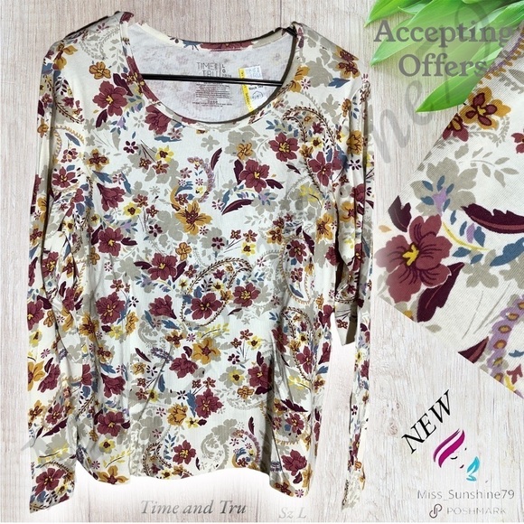 Time and Tru NEW - Sz L - flower scoop neck long sleeve tee - Picture 1 of 5